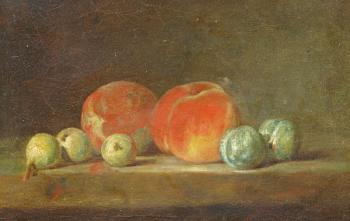 Peaches, Pears and Plums on a table (oil on canvas) | Obraz na stenu