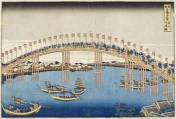 Temma Bridge, Settsu Province from the Series Wondrous Views of Famous Bridges of Various Provinces, c.1835 (colour woodblock print) | Obraz na stenu
