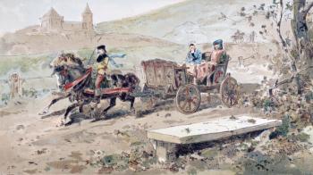 16th Century Horse Drawn Open Carriage, 1886 (colour litho) | Obraz na stenu