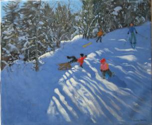 Falling off the Sledge, Morzine (oil on canvas) | Obraz na stenu