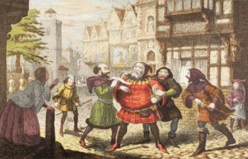 Mrs Quickly has Sir John Falstaff arrested in Henry IV, Part 2, from 'The Illustrated Library Shakespeare', published London 1890 (colour litho) | Obraz na stenu