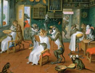 Barber's shop with Monkeys and Cats (oil on copper) | Obraz na stenu