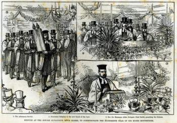 Service at the Jewish Synagogue, Bevis Marks, to commemorate the hundredth year of Sir Moses Montefiore, from 'The Illustrated London News', November 1884 (engraving) | Obraz na stenu