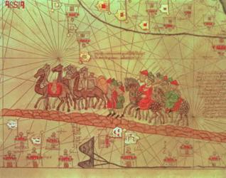 Catalan Atlas, detail showing the family of Marco Polo (1254-1324) travelling by camel caravan, 1375 (vellum) | Obraz na stenu
