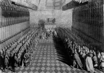Prince William offering his sword to the Dean, at the Altar, the Knights Standing under their Banners, published in 1730, engraved by J. Pine (engraving) | Obraz na stenu