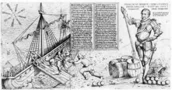 Sir Francis Drake (c.1540-96) Watches the Loading of his Ship (engraving) (b/w photo) | Obraz na stenu