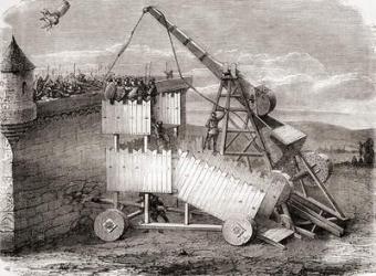 A trebuchet, a type of catapult that was used as a siege engine in the Middle Ages, from Les Merveilles de la Science, published c.1870 (engraving) | Obraz na stenu