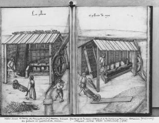 Silver mine of La Croix-aux-Mines, Lorraine, fol.16v and fol.17r, crushing and washing the ore, c.1530 (pen & ink & w/c on paper) (b/w photo) | Obraz na stenu