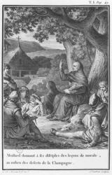Abelard lecturing among disciples in the deserted Champagne, illustration from 'Lettres d'Heloise et D'Abelard', volume I, page 49, engraved by Jean Dambrun (1741-after 1808) 1795 (engraving) (b/w photo) | Obraz na stenu