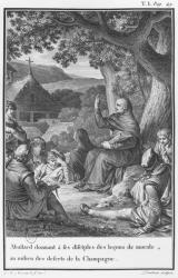 Abelard lecturing among disciples in the deserted Champagne, illustration from 'Lettres d'Heloise et D'Abelard', volume I, page 49, engraved by Jean Dambrun (1741-after 1808) 1795 (engraving) (b/w photo) | Obraz na stenu