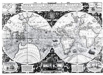 World map; Vera Totius Expeditionis Nauticae, charting the circumnavigation of the globe by (left) Sir Francis Drake (1540-96) and (right) Thomas Cavendish (1560-92) c.1595 (engraving) (b/w photo) | Obraz na stenu