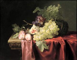 A still life with grapes, plums, figs and a melon on a partly draped stone ledge, 1653 (oil on canvas) | Obraz na stenu