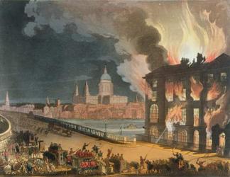 Fire in London, from the 'Microcosm of London, or London in Miniature, Vol. II, by Rudolph Ackerman, engraved by J. Bluch (colour litho) | Obraz na stenu