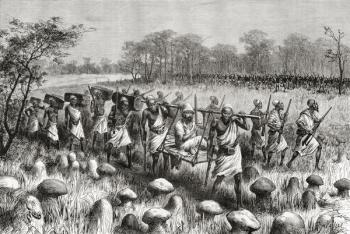Explorer Pietro Paolo Savorgnan di Brazza leaving Kalasa, Zambia, from 'Africa Pintoresca', published 1888 (engraving) | Obraz na stenu