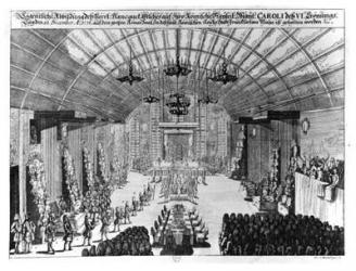 Banquet in the Romer Hall at Frankfurt-am-Main, in honour of the coronation of Charles VI (1685-1740) on 22nd December 1711 (engraving) (b/w photo) | Obraz na stenu