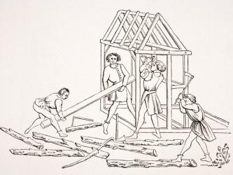 Carpenters, after a miniature in a 15th century manuscript, 'Chroniques de Jainaut', from 'Le Moyen Age et La Renaissance' by Paul Lacroix (1806-84) published 1847 (litho) | Obraz na stenu