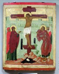 Icon depicting the Crucifixion with the Virgin, Mary Magdalene, St. John and the Centurion Longinus, Novgorod School (tempera on panel) | Obraz na stenu
