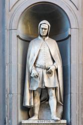 Florence, Florence Province, Tuscany, Italy. Statue in Piazzale degli Uffizi of Giotto di Bondone 1266/7 – 1337, known as Giotto, Florentine painter and architect. (photo) | Obraz na stenu