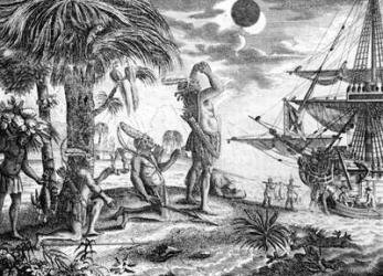 The Indians astonished at the eclipse of the moon foretold by Columbus, illustration from 'A New Universal Collection of Authentic and Entertaining Voyages and Travels' by Edward George Cavendish, 1770 (engraving) | Obraz na stenu