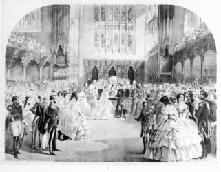 The Marriage of Victoria, the Princess Royal (1840-1901) and the Crown Prince Frederick William of Prussia (1831-88) at the Chapel Royal, St. James's, 25th January 1858 (engraving) (b&w photo) | Obraz na stenu