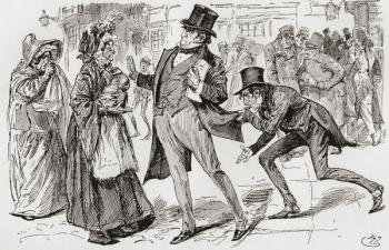 Mr. Jaggers and his clients. "Mr. Jaggers suddenly stopped, and turning on the two women with shawls, said, "Oh! Amelia, is it?" "Yes, Mr Jaggers." "But for me," he retorted, "you wouldn't be here. Say another word and Wemmick shall give you your money ba | Obraz na stenu