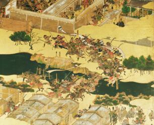 The Battle of Hogen from a screen, Momayama Period (1568-1600) (pen & ink, colour and gold laid on panel) (detail) | Obraz na stenu