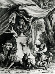 Allegorical portrait of Jean de La Fontaine (1621-95) surrounded by animals from his fables (engraving) (b/w photo) | Obraz na stenu