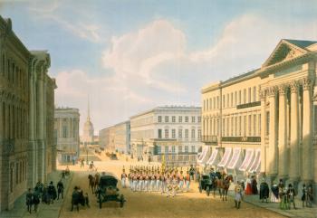 The Police Bridge and Nevsky avenue in St. Petersburg, printed by Lemercier, Paris, 1840s (colour litho) | Obraz na stenu