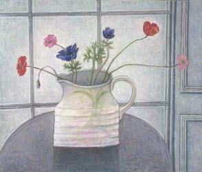 Anemones and Poppies, 2008 (oil on canvas) jug; flowers; still life; inetrior; window; table; white jug; | Obraz na stenu
