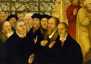 Epitaph of Meienburg's Mayor showing the reformers' group with Martin Luther, Philipp Menanchton, Caspar Cruciger, Justus Jonas, Erasmus von Rotterdam and Johannes Bugenhagen (oil on panel) | Obraz na stenu