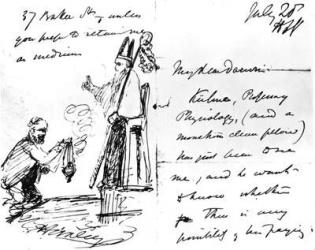 A letter from Thomas Henry Huxley to Charles Darwin, with a sketch of Darwin as a bishop or saint, July 20th, 1868 (pen & ink on paper) | Obraz na stenu