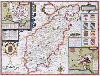 Northamtonshire, engraved by Jodocus Hondius (1563-1612) from John Speed's 'Theatre of the Empire of Great Britain', pub. by John Sudbury and George Humble, 1611-12 (hand coloured copper engraving) | Obraz na stenu