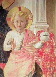 Madonna of the Shadow or Virgin and Child between Saint Dominic, Cosmas, Damien, Mark, John the Evangelist, Thomas of Aquinas, Laurence and Pierre the martyr (from left to right) (detail of the infant Jesus) (fresco) | Obraz na stenu