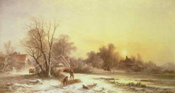 Winter scene: Collecting wood on a river bank | Obraz na stenu