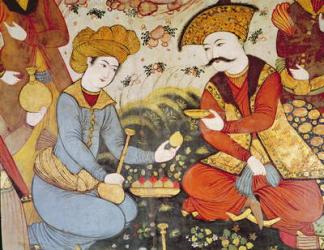 Shah Abbas I (1588-1629) and a Courtier offering fruit and drink (detail) (fresco) | Obraz na stenu