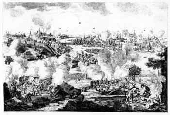 Bombardment of Prague During the Night of 29th and 30th May 1757, engraved by P. Benazech (engraving) (b/w photo) | Obraz na stenu
