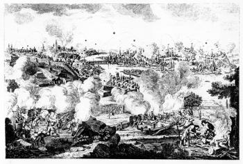 Bombardment of Prague During the Night of 29th and 30th May 1757, engraved by P. Benazech (engraving) (b/w photo) | Obraz na stenu