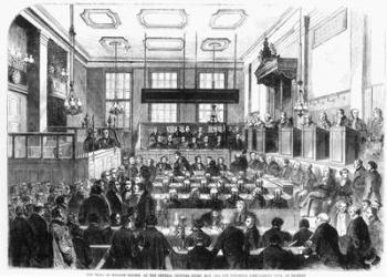 Trial of William Palmer, at the Central Criminal Court, May 1856, for Poisoning John Parsons Cook, at Rugeley (engraving) (b/w photo) | Obraz na stenu