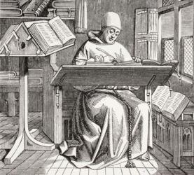 A monk scribe surrounded by manuscripts and books at his desk, after a 15th century work, from 'Les Arts au Moyen Age', published 1873 (litho) | Obraz na stenu