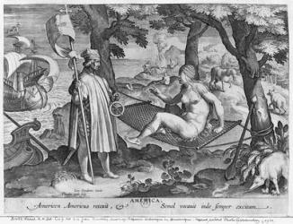 Amerigo Vespucci (1454-1512) landing in America, engraved by Theodor Galle (1571-1633) (engraving) | Obraz na stenu