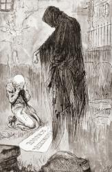 The Last of the Spirits. "Good Spirit. I will honour Christmas in my heart, and try to keep it all the year. Oh, tell me I may sponge away the writing on this stone!". Illustration by Harry Furniss for the novella A Christmas Carol from The Christmas Book | Obraz na stenu