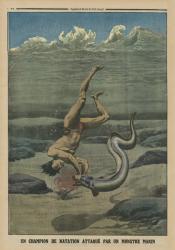 A swimming champion attacked by a sea monster, back cover illustration from 'Le Petit Journal', supplement illustre, 16th February 1913 (colour litho) | Obraz na stenu