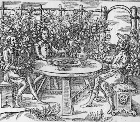 Relaxing in an arbour, 1577 (woodcut) | Obraz na stenu