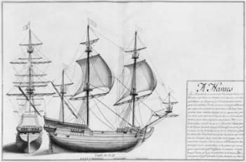 Vessels, Nantes, illustration from 'Desseins des differentes manieres de vaisseaux...depuis Nantes jusqu'a Bayonne...', 1679 (pencil & w/c on paper) (b/w photo) | Obraz na stenu