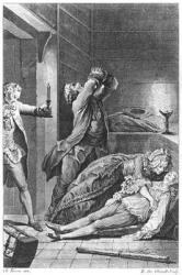 Jean Calas (1698-1762) discovering his dead son (engraving) by Emmanuel Jean Nepomucene de Ghendt (1738-1815) (b/w photo) | Obraz na stenu