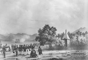 Inauguration of a monument to La Pérouse in Vanikoro, from 'Voyage de la Corvette l'Astrolabe' by Jules Dumont D'Urville, 1830 (litho) | Obraz na stenu
