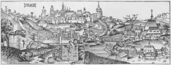 View of Prague, illustration from the 'Liber Chronicarum' by Hartmann Schedel (1440-1514) published in Nuremberg, 1493 (woodcut) (b/w photo) | Obraz na stenu