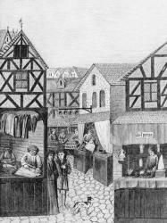 Shops in an Apothecary's Street: Barber, Furrier and Tailor, from 'Regime des Princes', illustration from 'Science and Literature in the Middle Ages and Renaissance', written and engraved by Paul Lacroix, 1878 (engraving) (b/w photo) | Obraz na stenu