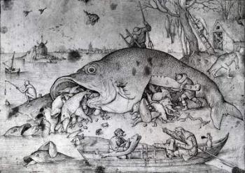 Big fishes eat small ones, 1556 (pen & ink on paper) (b/w photo) | Obraz na stenu