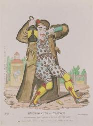 Mr Grimaldi as Clown, illuminating the entrance to Old Gutter Lane, pub. 1833 (coloured engraving) | Obraz na stenu